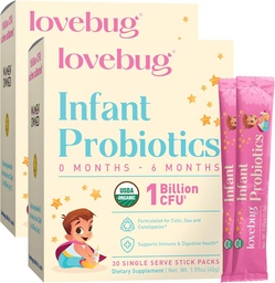 LOVEBUG Probiotyki dla niemowląt 0- 6 Miesiące - USDA Organic Probiotics for Babies, Wspiera Baby Gaz, Kolic, Biegunka i nowo narodzonych Zaparcia Relief, Allergen & Sugar Free, Proszek bez smaku, 60 Pack
