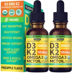 (2 opakowania) Organiczna witamina D3 K2 Krople z MCT Omega 3, Maksymalna moc Witamina D Płyn 5000 IU, Nie Napełniacze, NieGMO Płyn D3 do szybszego wchłaniania i wsparcia immunologicznego (Ananas, 2 Fl Oz)