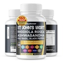 Dziurawiec św. Jana Rhodiola Rosea Ashwagandha Święty Basil Valerian Rumianek Czarny Pieprz -150 Capsules - Made in USA