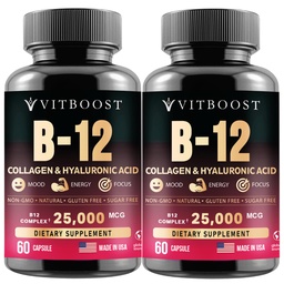 B12 Metylokobalamina z kwasem hialuronowym, kolagenem i folianem - 25000 mcg suplement Enhance Absorption & Boost Energy Agregates 124; Gluten- Free, Made in USA, B1, B2, B3, B6, B7 Complex - Opakowanie 2
