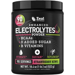 Zeal Naturals Electrolyte Powder Recovery Drink (90 Słupy 124; Truskawka Kiwi) w 0 Cukier + BCAA + B- Witaminy Suplement Elektrolitu w Cynk potasu i magnezu do nawadniania - Keto Electrolytes