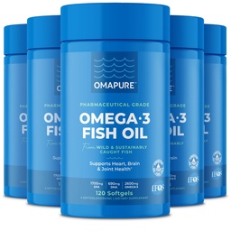 Fish Oil Supplements with Omega 3 Acids Fatty (5 butelek, 120 Softgels) - Wysoka EPA, DHA, & IFOS Fish Oil Pills Support Heart & Joint Health - Burpless Fish Oil Promotes Brain Function