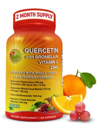 Quercetin z bromelainową witaminą C i cynkiem wzbogacone organiczną całą żywnością - 1215mg na jedną porcję - Quercetin Phytosome 500 mg kapsułki z Ginger i Flavonoids dla immunologicznego wsparcia - 120 Count