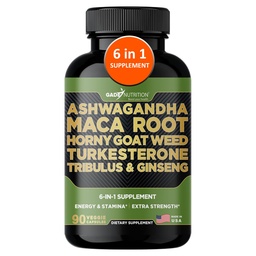 Gade Nutrition Ashwagandha z Maca Root, Horny Goat Weed, Turkesterone Supplement, Tribulus Terrestris, Panax Ginseng British 124; 90 Kapsułki warzyw dla energii, Stamina, Performance.