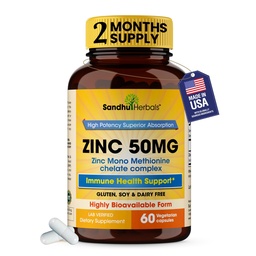 Sandhu Herbals Cynk 50mg Suplement dla mężczyzn i kobiet 124; Wysoka Absorpcja Cynk Monometionina Complex 60 Kapsułki 124; Suplementy dla immunologicznego, trądzik i przeciwutleniacz Wsparcie 124; Wegetarianin