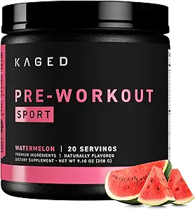 Kaged Sport Pre Workout Proszek dla mężczyzn i kobiet, Arbuz, Sport Certified, 188mg kofeiny, Suplement tlenku azotu, Beta Alanine for Energy, Weightlifting, Cardio Endurance & Siła, 20 Służenia