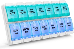 Sukuos AM PM Weekly 7 dzień Pill Organizator, 2 razy dziennie Pill Box z artretyzmu Przyjazny przyciskiem Push, Lekarskie skrzynie na witaminy / olej rybny / Suplementy, Łatwy do czyszczenia (Cyan & Blue)