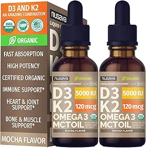 (2 opakowania) Organiczna witamina D3 K2 Krople z MCT Omega 3, 5000 j.m., Maksymalna moc Witamina D Płyn, Brak Fillerów, NieGMO Płyn D3 do szybszego wchłaniania i wsparcia immunologicznego (Mocha, 2 Fl Oz)