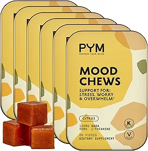 PYM Citrus Mood Chews Support for Stress, Worry & Overdubm, 120 Hrabia 124; 130mg GABA, 90mg L- Theanine Bilans 124; Wegan, Non-GMO, Gluten- Free, Nie dodano cukru 124; All- Natural Mood Balance Supplement Made in USA