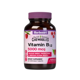 BlueBonnet Nutrition Earth Słodka witamina B12 5000 µg Tabletki do rozgryzania i żucia, Soy- Free, Gluten- Free, Kosher Certified, Dairy- Free, Wegan, Malina Flavored, 60 Tabletki do żucia, 60 Służb