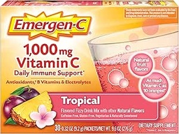 Emergen- C 1000mg Witamina C Proszek, z przeciwutleniaczami, Witaminy B i Electrolytes, Suplementy witaminy C do wsparcia immunologicznego, Kofeina wolny Fizzy Drink Mix, Tropikalny Flavor - 30 Count / 1 Miesiąc dostaw