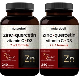 NatureBell Cynk Quercetin z witaminą C & D3, 480 Kapsułek (2 opakowania) 124; Quercetin 1 000 mg + Cynk 50 mg + Witamina C 250mg + Witamina D3 5000 IU