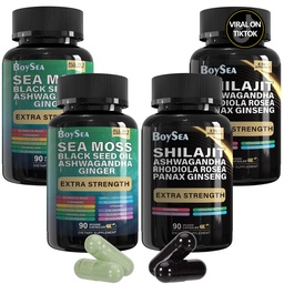 Boysea. Shilajit and Sea Moss Bundle- 90 Count - Sea Moss, Black Seed Oil, Ashwagandha, Ginger & Shilajit, Rhodiola Rosea, All in 1 Supplements (2 Pc)