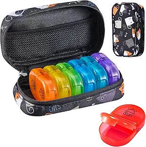 Serfeymi Cotygodniowy Travel Pill Organizator 2 razy w ciągu dnia PM Zmodernizowany Rainbow Pill Box 7 Dzień z przenośnym Zipper Canvas Pill Case, Medicine Organizer for Pills, Witaminy, Oleje rybne - czarny 02