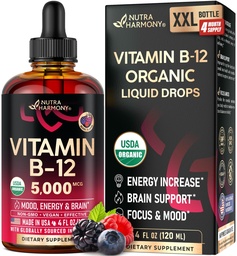 USDA organiczna witamina B12 Podjęzykowe krople - 5000 µg Płynny Wegan Methylcobalamina dla kobiet i mężczyzn - Energy Boost, Focus & Mood, Wsparcie zdrowia mózgu - Maksymalizacja Absorpcji - 4 Miesiące Dostawy, 4 fl Oz