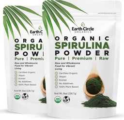 Ziemskie Koło Organiczne Spirulina proszek, Kosher, Surowy i nienapromieniowany 124; Czysty białko wegańskie 124; Premium Energia Superfood, Wysoka w Amino Kwasy i przeciwutleniacze - (8oz - 2Pack)