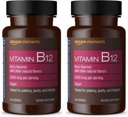 Elementy Witamina B12 Metylokobalamina 5000 µg - Normalna produkcja i metabolizm energii, Wsparcie dla układu immunologicznego - 2 Miesiące dostaw, Lozenges Berry Flavored, 65 Count (Opakowanie 2)