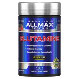 ALLMAX Essentials GLUTAMINA - 100 g Proszek - Fermentation- derived glutamina - Zwiększa odzysk i wspomaga system immunologiczny - Gluten Free & Vegan - 20 Służenie