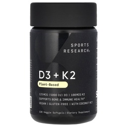Badania sportowe Witamina D3 z K2 Softgels - Roślina na bazie K2 & Wegan D3 5000iu z oleju kokosowego MCT - Wegan Certified, Soy & Gluten Free - 120 Count