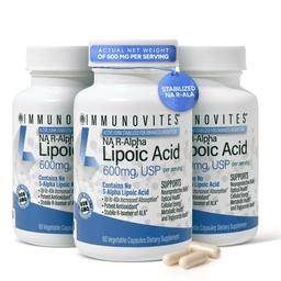 IMMUNOVITES 3- Pack Stabilizowany kwas lipowy R- Alpha ((True)) 600mg na Podawanie [[Wysoka moc i do 40x Zwiększona absorpcja]] (Na R- ALA) (Na R- LA) (Na R- Lipoate) (3 Butelki)
