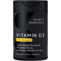 Badania sportowe Witamina D3 5000 j.m. z oleju kokosowego MCT - Wysokiej mocy witaminy D Suplement do immunologicznego i wsparcia kości - NieGMO zweryfikowane, Gluten & Soy Free - 125mcg, 30 Płynne Softgels