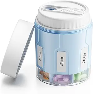 Daviky Pill Butelka Organizator, Suplement Organizator z 7 Duże Komory, Pill Dispenser podróży okrągły Pill Box z dwóch lidów niebieski