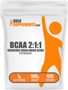 BulkSupplements.com BCAA 2: 1: 1 Proszek - Acidy rozgałęzione łańcuchowe, Acidy BCAA Amino Powder - Unflavored & Gluten Free, 1g per Serving, 100g (3.5 oz) (Opakowanie po 1)