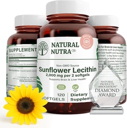 Natural Nutra Lecithina Sunflower 2000 mg Suplement, Wspiera Mama karmienia piersią z plugged Milk Duct Relief, Liver & Brain Health Booster, Soy Free, Non-GMO, Gluten- Free, 120 Softgels (3 Pack)