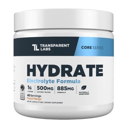 Transparent Labs Hydrate Natural Sweetened Electrolytes Powder - Hydration Powder Electrolytes with Coconut Water, Wapń, Tauryna, & Potasu - 40 Słupki, Peach Mango