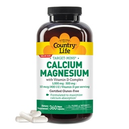 Country Life Target- Mins Wapnia Magnez z witaminą D- Complex, 1000mg / 500mg / 10mcg, 360 Kapsułki wegańskie, Certified gluten Free, Certified Vegan, Verified Non-GMO Verified...