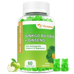 240MG Ginkgo Biloba Gummies z Ginseng i Magnezu, Ginko Biloba Suplementy Gummies dla Mózgu Focus, nastrojów i pamięci dla dorosłych, 60 Cts