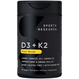 Badania sportowe Wegan Witamina D3 + K2 Suplement z organicznym olejem kokosowym - 5000iu Witamina D ze 100mcg Mk7 Witamina K - Wspiera wapń dla silniejszych kości i immunologicznego zdrowia - 30 Softgels dla dorosłych