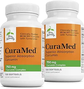 Terry Natural CuraMed 750 mg - Suplement przeciwutleniający dla zdrowia mózgu i serca - Suplement z kompleksem kurkuminy o dużej mocy - Nerki, Wątroba i Immune Health Support - 120 Softgels (Opakowanie 2)