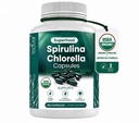 Teaveli Spirulina organiczna i Chlorella kapsułki - 180 Chlorophyll Pigułki, niebieski zielony Algae Proszek Kapsułki do wsparcia Detox, Mitochondria & Energy- 3X Więcej Chlorella Spirulina Proszek / Podawanie