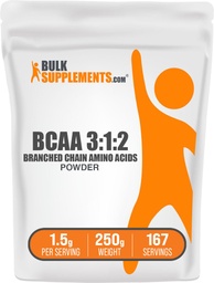 BulkSupplements.com BCAA 3: 1: 2 Proszek - Suplementy BCAA, Acidy rozgałęzione Amino w proszku - Unflavored & Gluten Free, 1,5g per Serving, 250g (8,8 oz) (Opakowanie po 1)