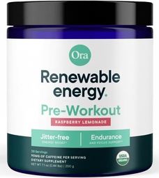Ora Organic Natural Pre Workout Powder - Raspberry Lemonade Flavor- Zapewnia Jitter Free Energy, Focus, Hydration, & Endurance - Wegan, Certified Organic, Soy, Dairy, & Gluten Free, 20 Sługi