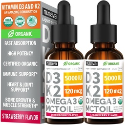 (2 opakowania) Organiczna witamina D3 K2 Krople 5000 IU z MCT Omega 3 - Maksymalna moc ciecz D3 bez wypełniaczy, nie- GMO dla szybszego wchłaniania, Wsparcie immunologiczne (Truskawka, 2 Fl Oz)
