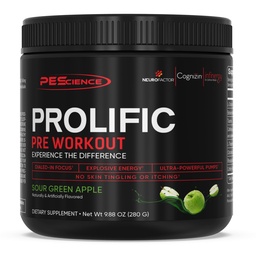 PEScience Prolific Energy pre Workout - L Citruline for Nitric Oxide, Rhodiola & CDP Choline Nootropic for Focus - Trening wstępny dla mężczyzn i kobiet - 40 Scoops, Sour Green Apple