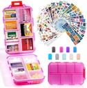 14 Grids Travel Pill Organizer Box z 415- Pcs Medicine Name Etykiety - Pocket Daily Pharmacy Case Container Kit - Travel Mexication Holder Dispenser for Fish Oil Supplement Supplement Storage -Clear Pink
