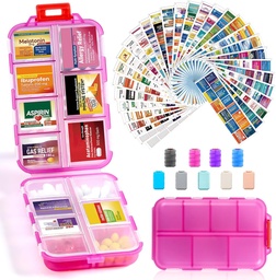 14 Grids Travel Pill Organizer Box z 415- Pcs Medicine Name Etykiety - Pocket Daily Pharmacy Case Container Kit - Travel Mexication Holder Dispenser for Fish Oil Supplement Supplement Storage -Clear Pink