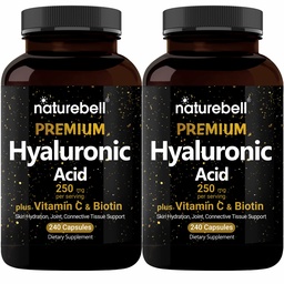 NatureBell 2 Pack Plant Based Hyaluronic Acid Supplements 250mg with 25mg Witamina C & Biotin 5000mcg, 480 Razem Kapsułki 124; Zasadnicze dla wzrostu włosów, Wspólne wsparcie, & Nawadnianie skóry 124; Non-GMO