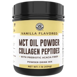 Keto MCT Oil Powder + Collagen + Prebiotic Acacia Fiber, Vanilla Flavor, 16oz. Kolagen z trawy, Perfect for Keto, 0 Net Carb, Stewia, Erythritol, Drink w proszku