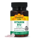 Country Life Witamina B12 Suplement - Zasadnicze dla funkcji mózgu, Nerve Health, Red Blood Cells - Idealny dla zapobiegania niedokrwistości - Wegańska witamina B, 1000 µg - Bez glutenu, 60 tabletek