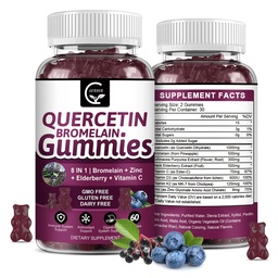 Quercetin Gummies z bromelainem 2378mg - Mieszanka z Elderberry, Echinacea Purpurea Extract, Cynk, Witamina C, D3, K2, Kompleks Wspiera immunologiczne, sercowo-naczyniowe i oddechowe, Wegan Gummy dla dorosłych i dzieci
