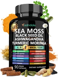 Adndale Sea Moss Black Seed Oil Ashwagandha Ginger Capsules. Kapsułki SeaMoss z olejem z nasion czarny, Ashwagandha, Turmeric, Moringa, Bladderwrack, Burdock Root, Manuka Miód, Cynamon