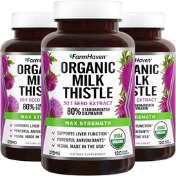 FarmHaven USDA Organic Milk Thistle Kapsułki 124; 30X Koncentrated Seed Extract & 80% Silimarin Standaryzowane - Wspomaga funkcje wątroby i ogólne zdrowie 124; Non-GMO 124; 360 Kapsułki wegańskie