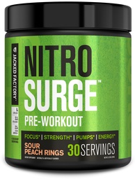 Jacked Factory NITROSURGE PreWorkout Supplement - Endless Energy, Instant Strength Gains, Clear Focus, Intensywne pompy - NO Booster & Potężny Prettenment Energy Powder - 30 Sług, Sour Peach Pierścienie