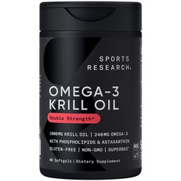 Sports Research Krill Oil Supplement with EPA & DHA Omega 3, Phospholipids & Astaxanthin from Antarctic Krill - Highest Concentration of Krill Oil for Men & Women - 1000mg, 60 Softgel Capsules