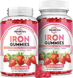Żelazne żeberka - z wapniem, cynkiem, folianem i witaminą B12, C, B6 dla dorosłych i dzieci - Blood Builder & Energy Support for Iron Deficiency, Anemia, Wegan - 2 Pack Strawberry Flavour, 60 Gummies