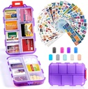 14 Grids Travel Pill Organizer Box z 415- Pcs Medicine Nazewnictwo etykiet, Pocket Daily Pharmacy Case Container, Travel Medication Holder Dispenser Kit for Fish Oil Supplement Supplement Storage -Clear Purple